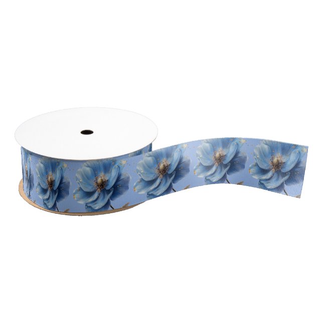 Modern Minimalist Gold and Blue Poppy  Grosgrain Ribbon (Spool)