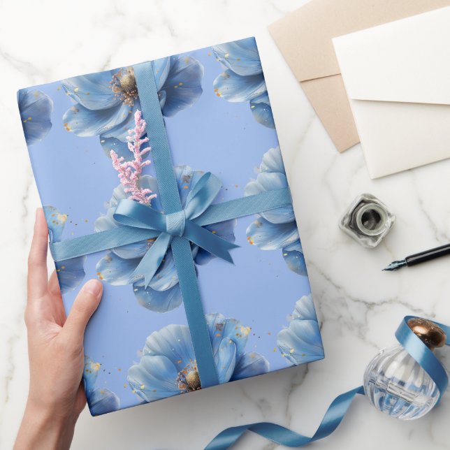 Modern Minimalist Gold and Blue Poppy  Wrapping Paper (Gifting)