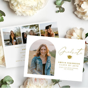 Modern minimalist gold and white photo graduation invitation