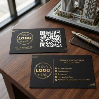 Modern Minimalist Gold & Black QR Professional Business Card