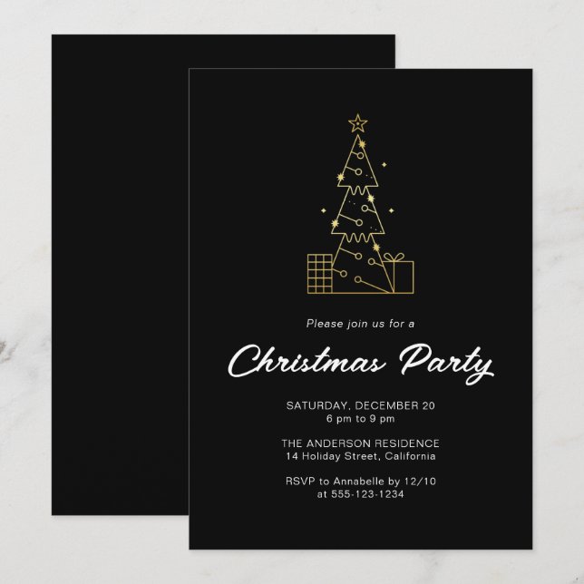Modern Minimalist Gold Christmas Tree Party Black Invitation (Front/Back)