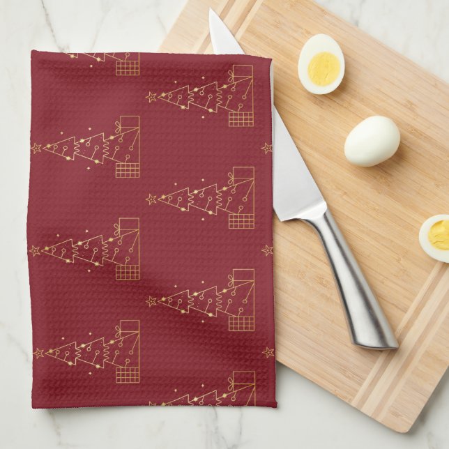 Modern Minimalist Gold Christmas Tree Red Kitchen Towel (Quarter Fold)