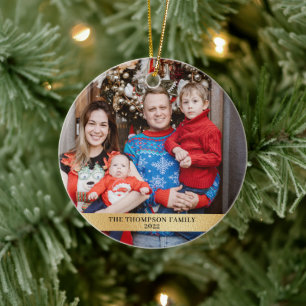 Modern Minimalist Gold Family 2 Photo Ceramic Ornament