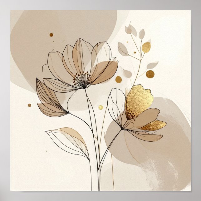 Modern Minimalist Gold Floral Line Art: Abstract B Poster (Front)