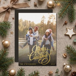 Modern Minimalist Gold Foil Family Photo Holiday Card