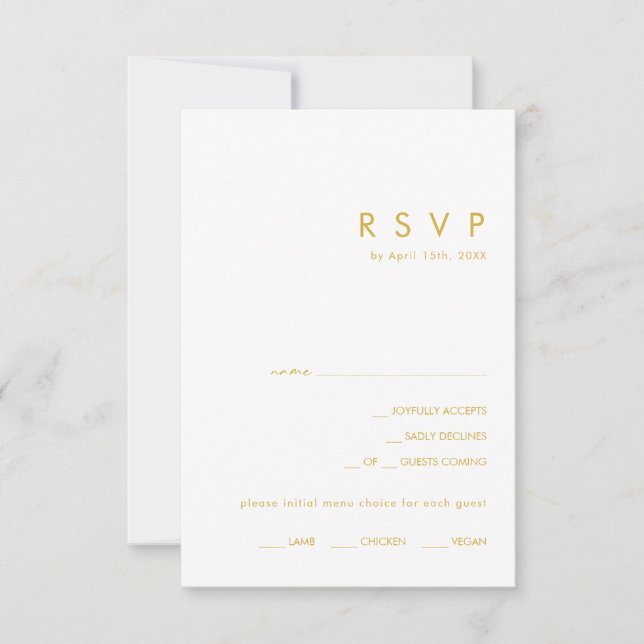 Modern Minimalist Gold Font Menu Choice RSVP Card (Front)