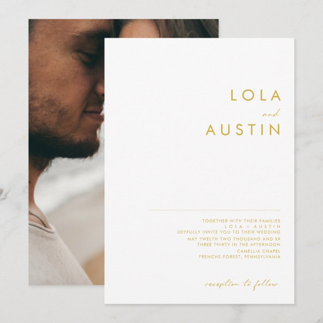 Modern Minimalist Gold Font Photo  Invitation (Front/Back)