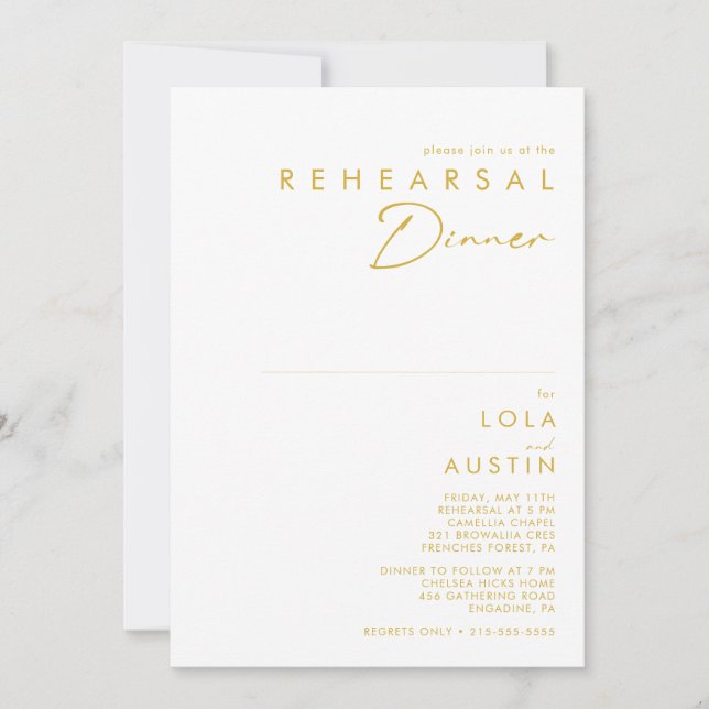 Modern Minimalist Gold Font Rehearsal Dinner Invitation (Front)