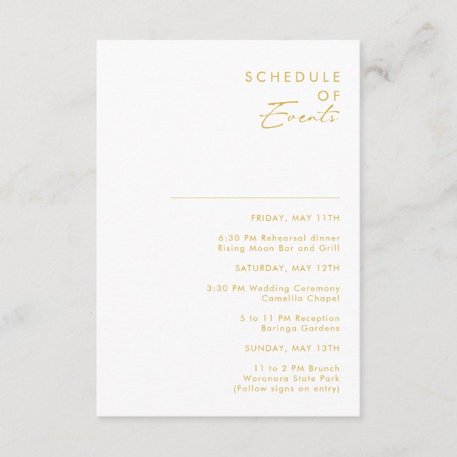 Modern Minimalist Gold Font Schedule of Events Enclosure Card (Front)