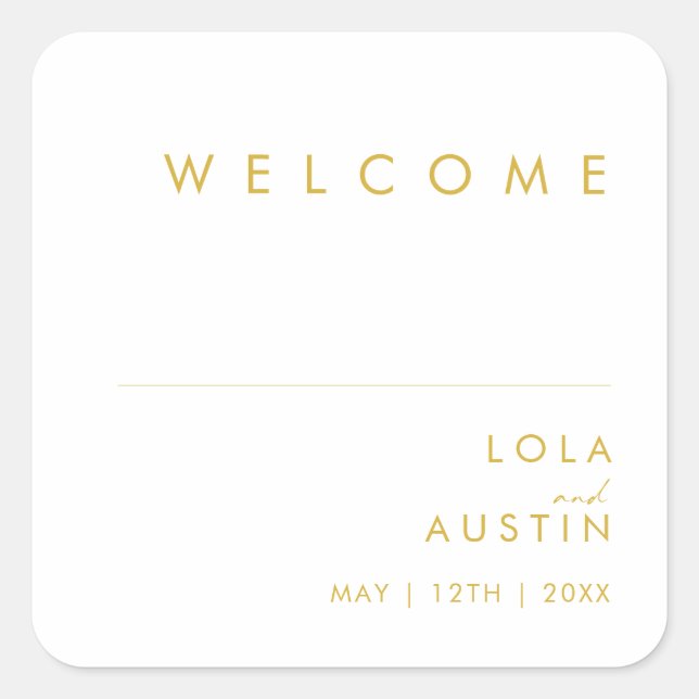 Modern Minimalist Gold Font Wedding Welcome Square Sticker (Front)
