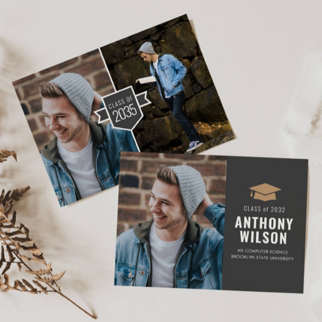 Modern Minimalist Gold Grad Cap 3 Photo Graduation Announcement (Creator Uploaded)