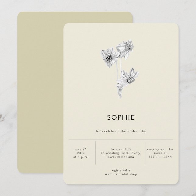 Modern Minimalist Gold Hint Daffodil Bridal Shower Invitation (Front/Back)