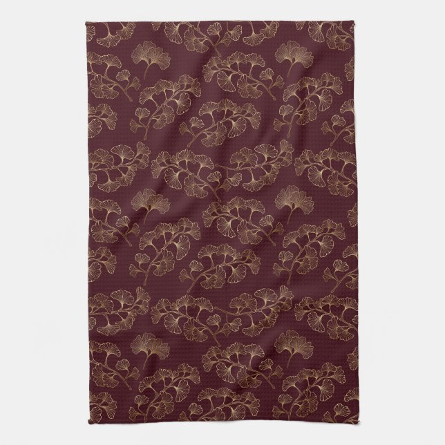 Modern Minimalist Gold Leaf Maroon Kitchen Towel (Vertical)