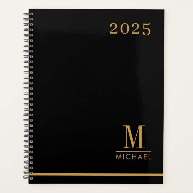 Modern Minimalist Gold Monogram Black 2025 Planner (Front)