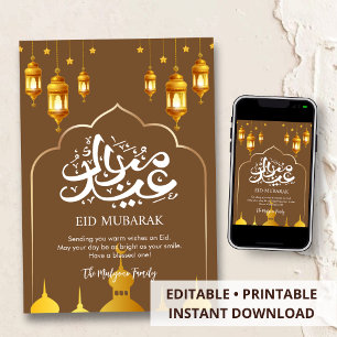 Modern Minimalist Gold Mosque Silhouettes Eid Card