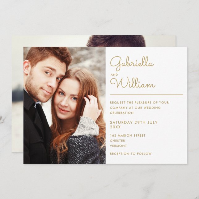 Modern Minimalist Gold Script 2 Photo Wedding Invitation (Front/Back)