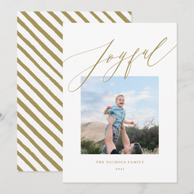 Modern Minimalist Gold Script Calligraphy Joyful Holiday Card (Front/Back)