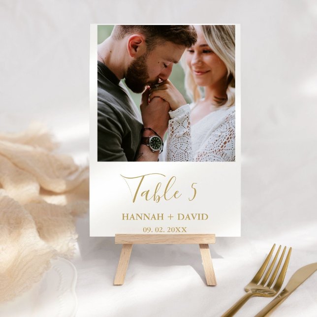 Modern Minimalist Gold Script photo Wedding  Table Number (Creator Uploaded)