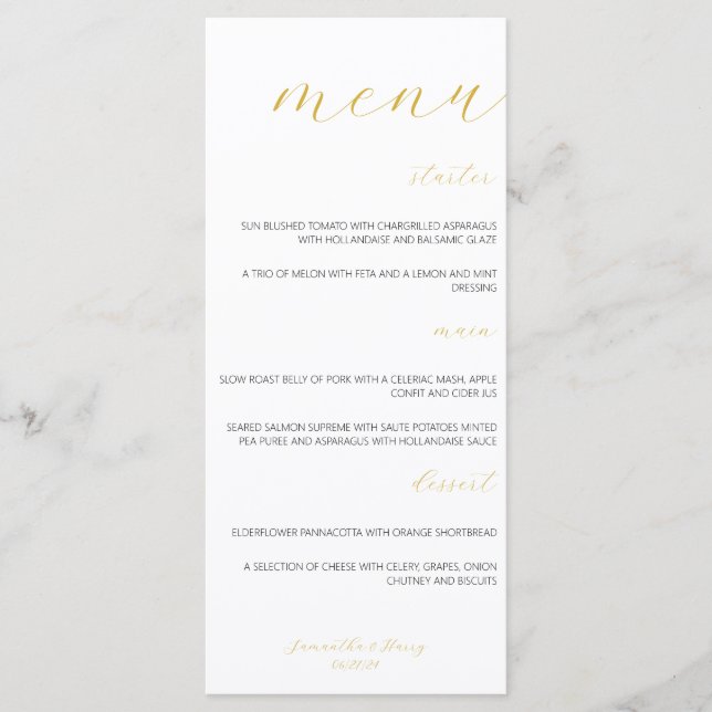 Modern & Minimalist Gold Script Wedding Flat Menu (Front)