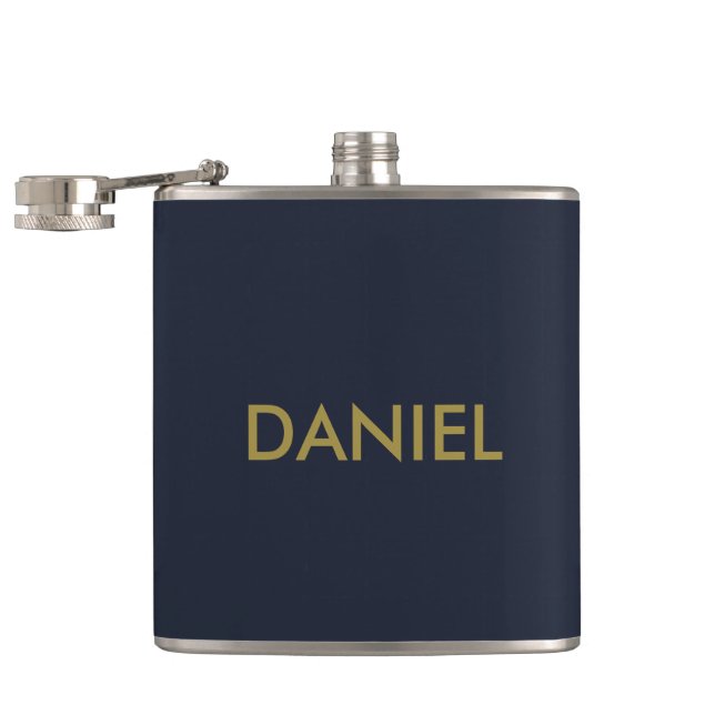 Modern minimalist gold text navy blue hip flask (Opened)