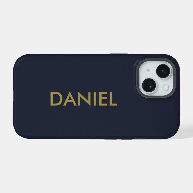 Modern minimalist gold text navy blue iPhone 15 case (Back Horizontal)