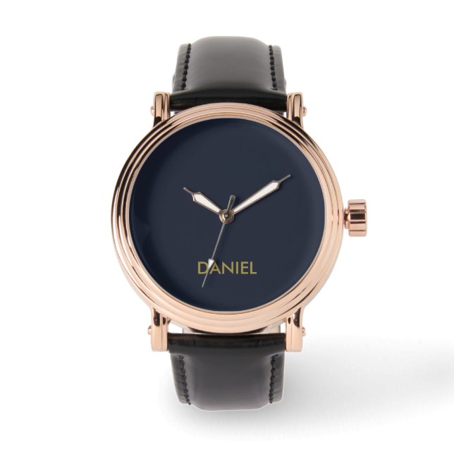 Modern minimalist gold text navy blue watch (Front)