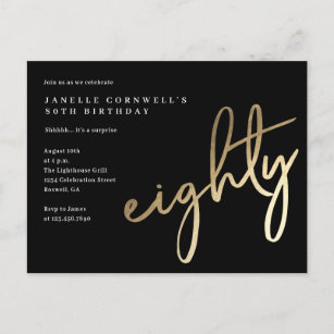 Modern Minimalist Gold Type 80th Birthday Invitation Postcard