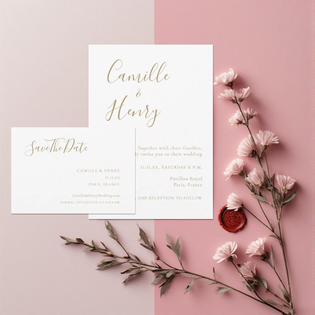 Modern Minimalist Gold & White Wedding Save The Date (Creator Uploaded)