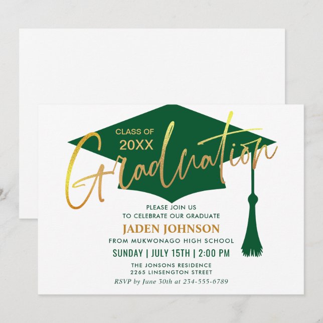 Modern Minimalist Golden Green Graduation Party Invitation (Front/Back)