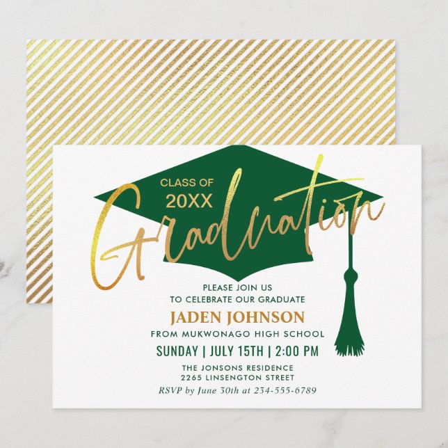 Modern Minimalist Golden Green Graduation Party Invitation (Front/Back)