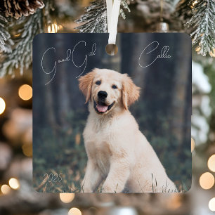 Modern Minimalist Good Girl Dog Photo Christmas Metal Ornament