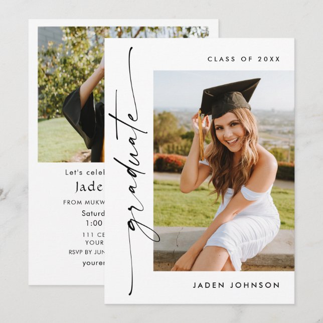 Modern Minimalist Grad 2 PHOTO Graduation Party Invitation (Front/Back)