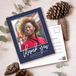 Modern Minimalist Graduate Photo Navy Thank You Postcard