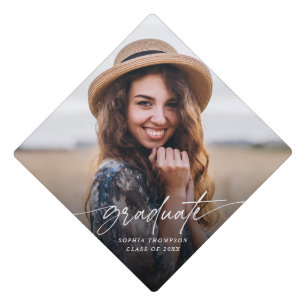 Modern Minimalist Graduate Photo Script   Black Graduation Cap Topper