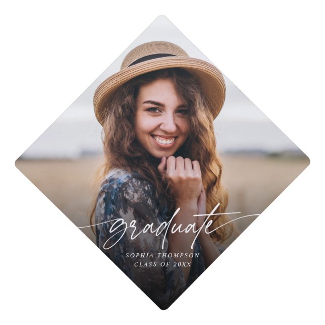 Modern Minimalist Graduate Photo Script | Black Graduation Cap Topper (Front)