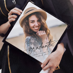 Modern Minimalist Graduate Photo Script   White Graduation Cap Topper