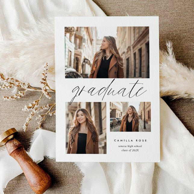 Modern Minimalist Graduation 3 Photo Invitation (Modern Minimalist Graduation 3 Photo Collage Party Inviation)