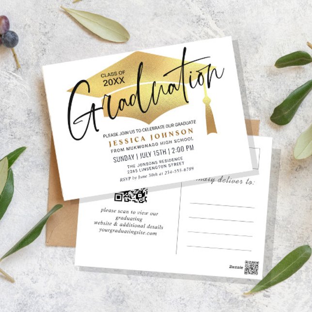 Modern Minimalist Graduation Party QR code Announcement Postcard (Creator Uploaded)