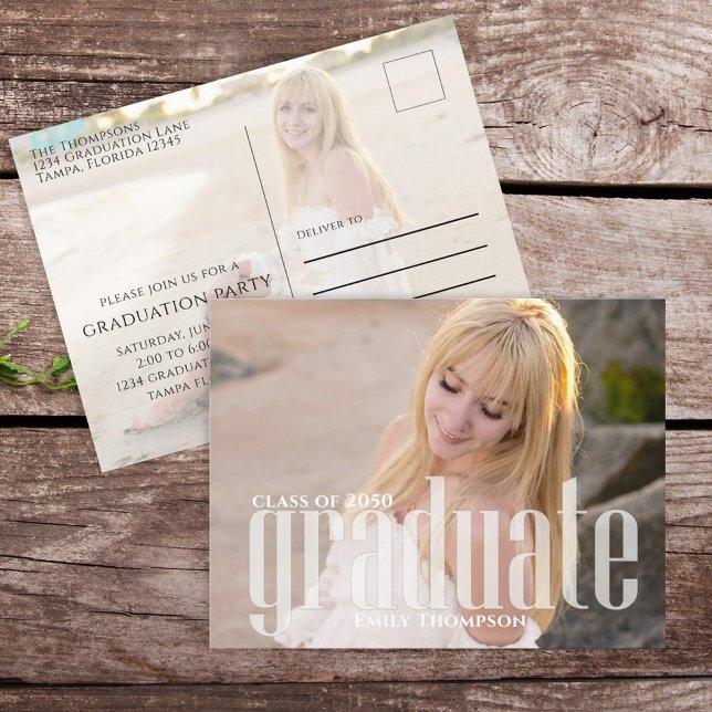 Modern Minimalist Graduation Photo Announcement Postcard (Modern minimalist graduation photo announcement with custom senior portrait and Class of year.)