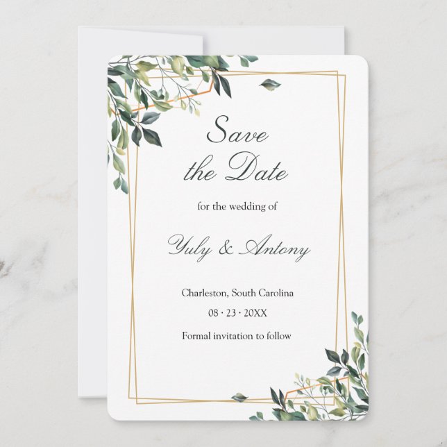 Modern Minimalist Green Eucalyptus Save The Date (Front)