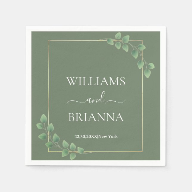 Modern Minimalist Green Geometric Frame Wedding  Napkin (Front)