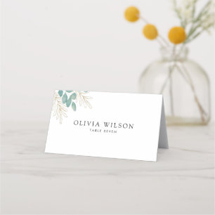 Modern Minimalist Green Gold Leaf Wedding Place Card