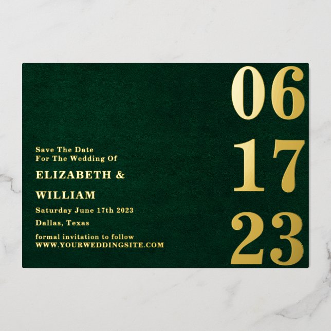 Modern Minimalist Green Gold Photo Save The Date (Front)