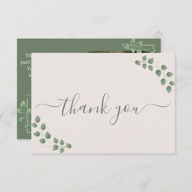 Modern Minimalist Green Leave Frame Wedding Thank You Card (Front/Back)