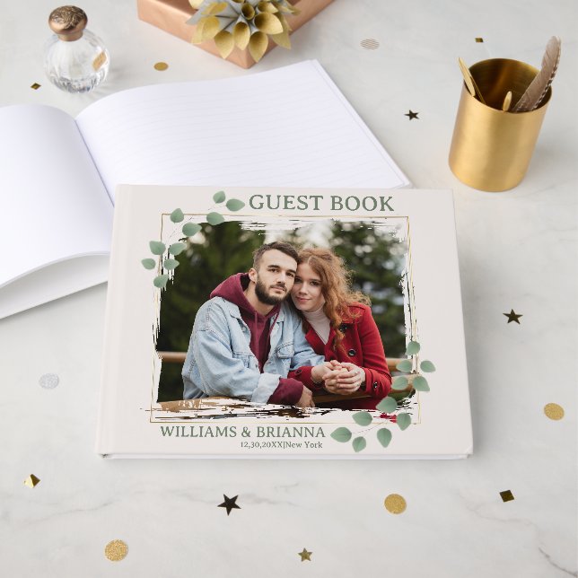 Modern Minimalist Green Leave Photo Wed Guest Book (Front Open)