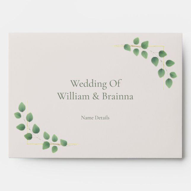 Modern Minimalist Green Leave Wedding Envelope (Front)