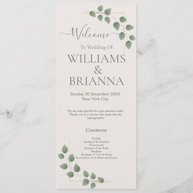 Modern Minimalist Green Leaves Wedding Banner Program (Front)