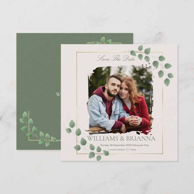 Modern Minimalist Green Photo Wed Save The Date  (Front/Back)