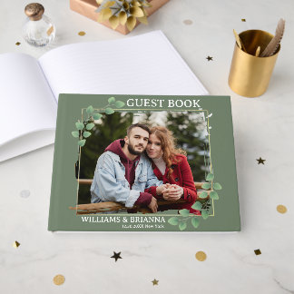 Modern Minimalist Green Photo Wedding Guest Book
