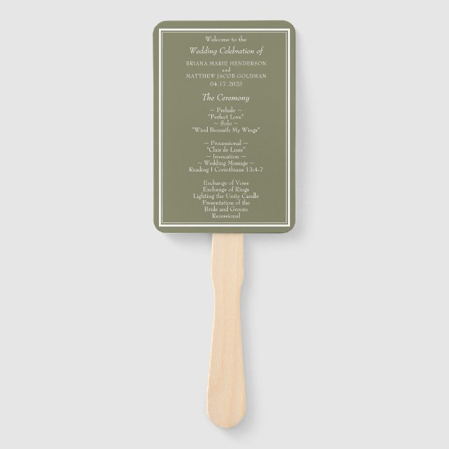 Modern Minimalist Green Wedding Program Hand Fan (Front)